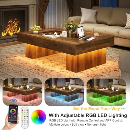 LVB Coffee Table, Modern Wood Led Living Room Table with Storage, Farmhouse Large Rectangle Center Table with LED Light, Unique Wide Low Tea Table for Living Room Home Office, 47.24 in, Rustic Oak - color: Rustic Oak