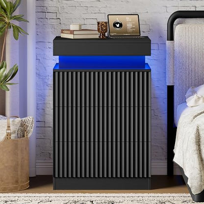 Xixini Nightstand with Charging Station and RGB LED Lights, Fluted 3-Drawer Bedside Table with Sliding Top, Wooden End Table for Bedroom, Living Room, Black - color: Black