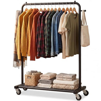 Sywhitta Metal Clothing Rack on Wheels with Mesh Shelf, for Clothes,Black | Rolling Garment Rack for Hanging Clothes, Coats, Skirts, 39.76" L x 16" W x 63.78" H,Space-Saving Mobile Organizer for Closet