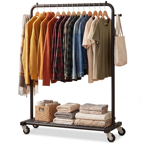 Sywhitta Metal Clothing Rack on Wheels with Mesh Shelf, for Clothes,Black | Rolling Garment Rack for Hanging Clothes, Coats, Skirts, 39.76" L x 16" W x 63.78" H,Space-Saving Mobile Organizer for Closet