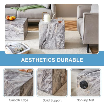 15.7" H Square Compact Coffee Table,Small Cube End Table,Modern Side Table with Stylish Faux Marble Pattern,Minimalist Accent Table for Living Room,Office,Apartment,Nightstand(Grey,15.7") - color: Grey,15.7"h