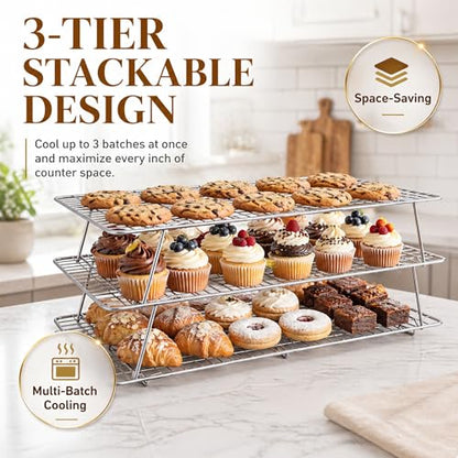 Cooling Rack 16"x10", 3-Tier Stackable & Collapsible Cooling Racks | Cooling Racks for Cooking and Baking, Roasting, Grilling, Oven & Dishwasher Safe (Silver, 3-Tier-SL) - color: Silver, size: 3-Tier-SL