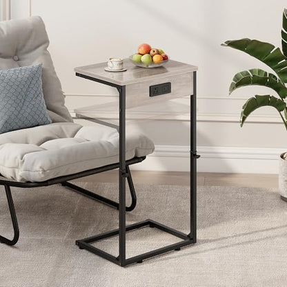 Vagusicc C Shaped End Table with Charging Station, Adjustable Height Side Table for Couch,Small Side Table Small Spaces,33.2'' Tall Couch Tables that Slide Under, Tv Tray Table for Living Room, Greige - color: Greige (1 Pack), style: With Plug