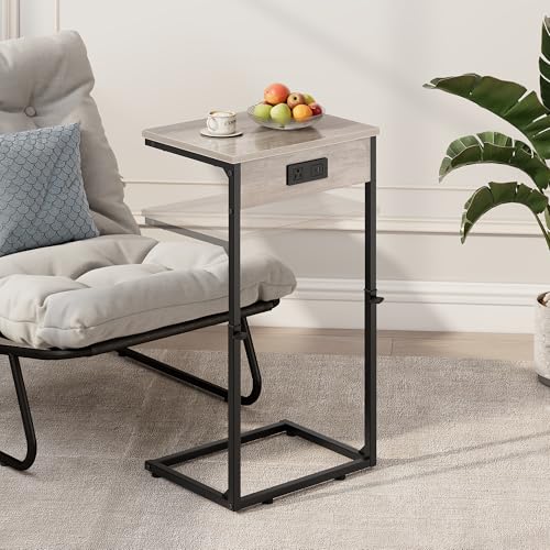 Vagusicc C Shaped End Tables Set of 2 with Charging Station, 33.2'' Tall C Table Adjustable Height Side Table, Small Side Table for Small Spaces, Couch Sofa Table TV Tray for Living Room, Greige - color: Greige (2 Pack), style: With Plug