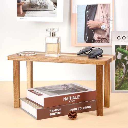 ORIGACH 2 Pcs Wooden Desktop Organizer Shelf - 15x6.1x7.8in Mini Counter Riser, Compact Display Stand for Desk, Kitchen, Bathroom & Coffee Table