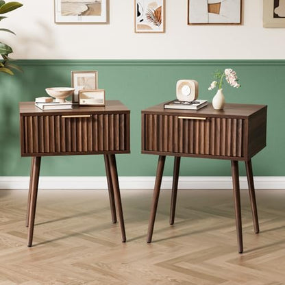 VINGLI Nightstands Set of 2, Fluted Night Stand with Drawer, Bedside Table, Wood Nightstand for Bedroom, Mid Century Modern End Tables, Walnut, 18.9" W*14.96" D*24" H - color: Walnut, size: 19"W-1 Drawer