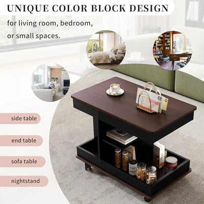 Merax Adjustable End Table with Wheels, Modern Multifunctional Sofa Side Table with Lift-Top, 360°Rotating Top and Storage Space for Living Room, Small Space, Black+Brown - color: Black+brown