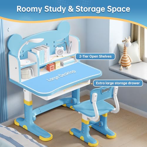 Kids Desk and Chair Set, Height Adjustable Child's School Study Writing Tables, Kids Desk with Bookstand and Storage Drawer, Widened Desktop with Desktop for Boys and Girls (Blue-F) - color: Blue-f