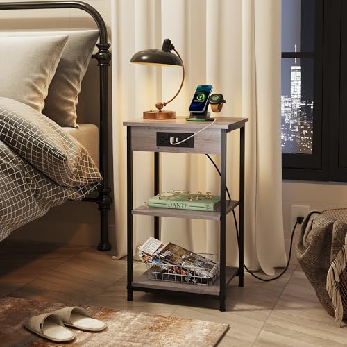 WLIVE Grey End Table with Charging Station, Small Night Stand | Side Tables with Storage Adjustable Shelf for Small Spaces; Bedside Tables for Living Room, Bedroom - color: Grey