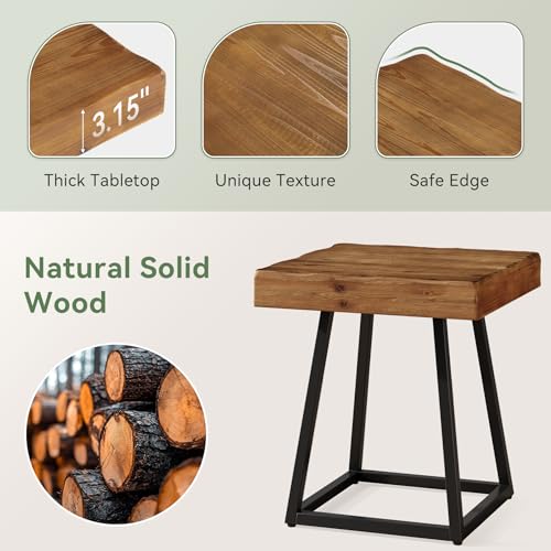 Solid Wood End Table, 19.7" Square Side Table with Metal Frame, Industrial Nightstand for Living Room, Bedroom, Small Spaces