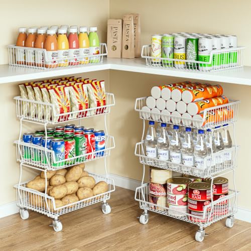 OKZEST Pantry Organizers and Storage Cart with Upgraded Metal Hub Casters | Fits under pantry shelf, Stackable fine-mesh wire baskets, 3-Tier rolling cart holds drink, snack, can, potato, onion, fruit - color: White, size: 3-Tier Baskets (Upgraded model)