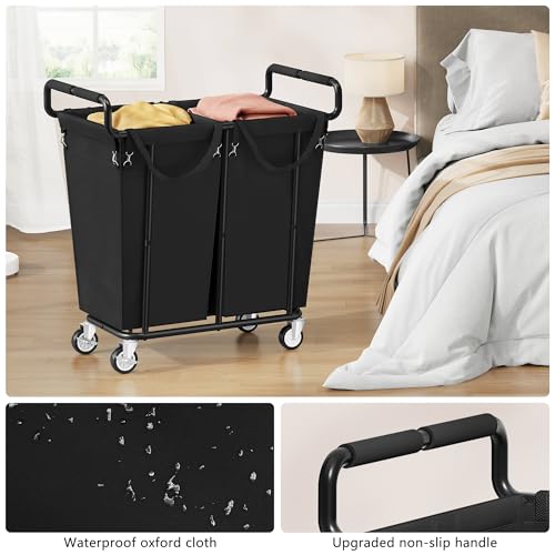 Gewudraw 2 Bag Laundry Hamper with Wheels Medium Size, 250L, Black | Rolling Laundry Basket, Steel Frame, Removable Liner, Heavy Duty Rolling Laundry Cart with Handle for Laundry Room, Bathroom - color: Black, size: 2-Section-250L