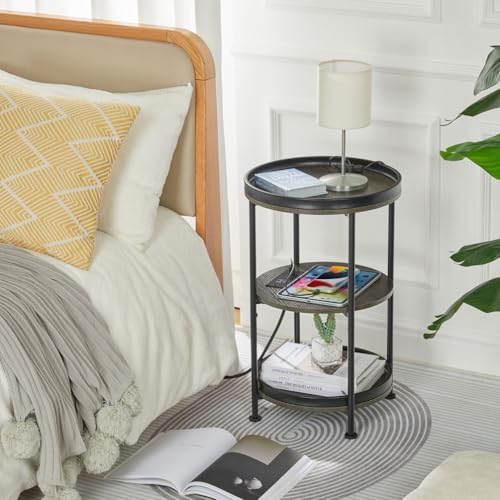 Dulcii Round Side Table with Charging Station, End Table with 3 Shelves for Living Room, Bedroom Nightstand with Steel Frame for Small Spaces, Industrial Round Sofa Table (USB+Grey) - color: Grey, style: With Outlets