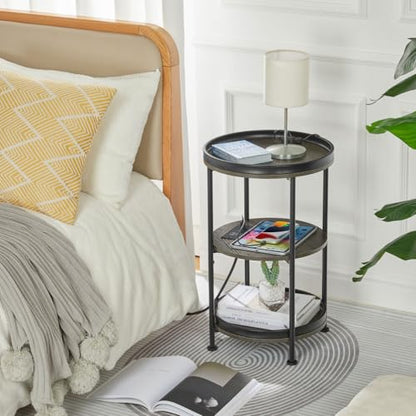 Dulcii Round Side Table with Charging Station, End Table with 3 Shelves for Living Room, Bedroom Nightstand with Steel Frame for Small Spaces, Industrial Round Sofa Table (USB+Grey) - color: Grey, style: With Outlets
