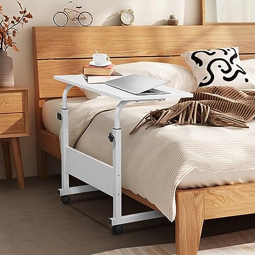 Karl home Mobile Side Table 31.5 inch Computer Desk with Wheels Height Adjustable Rolling Potable Laptop Cart, C-Shaped Bed Couch Sofa End Tables with Edge Stopper for Livingroom Bedroom, White - color: White, size: 31.5"+No Power Sockets