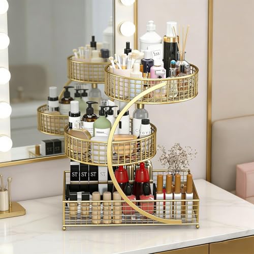 Makeup Organizer Countertop for Vanity, 3 Tier Metal Bathroom Countertop Organizers Skincare Storage Holder Perfume Cosmetic Display, Multi-Use Storage Rack for Bedroom & Kitchen (Gold(Redonda)) - color: Gold(Redonda)