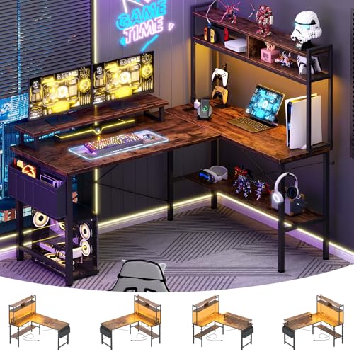 Aheaplus L Shaped Gaming Desk with Power Outlets & LED Lights, Small L-Shaped Desk Computer Corner Desk with Monitor Stand & Storage Shelf, Home Office Desk Writing Desk with Storage Bag, Rustic Brown - color: Rustic Brown