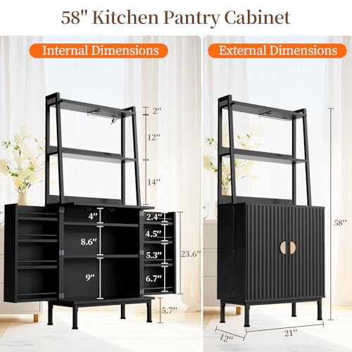58” Pantry Cabinets with Microwave Shelves, Freestanding Kitchen Storage Cabinet with Adjustable Shelves, Buffet Cupboards for Kitchen, Dining Room, Living Room Use, Black - color: B-58" Black