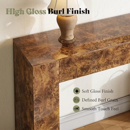 AMERLIFE 63" Burl Wood Console Table, Modern High Gloss Entryway Table with 2 Storage Drawers, Long Sofa Table Behind the Couch for Entrance, Hallway, Foyer, Living Room, Brown - color: Brown