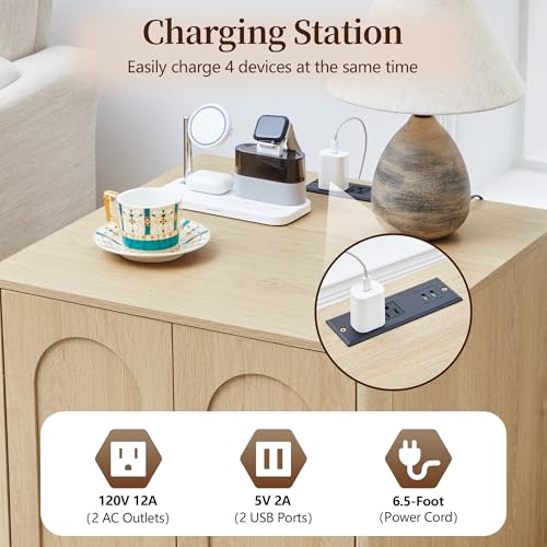 Samll Square Side Table with Charging Station, Mid Century Modern Nightstand with Storage for Bedroom Bed, Small Accent Table with Doors for Living Room Couch Sofa Chair, Office Desk - Natural - size: Natural-door