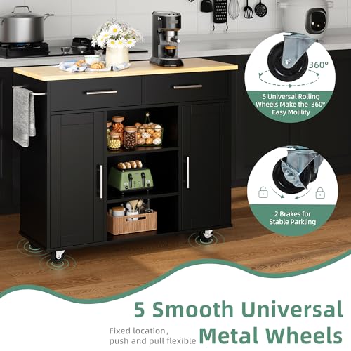 Shintenchi Kitchen Storage Island Cart with 3 Open Shelves, 2 Drawers and 2 Cabinets, Kitchen Cart on Wheels with Handle/Towel Rack, Black - color: Yellow