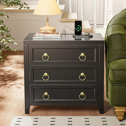 Huuger Paint Night Stand with Charger Station, 3 Drawer Nightstand Set of 2 | Larger Wider Bedside Table with USB-C Port, Modern End Table, for Bedroom, Living Room, Black Nightstand - color: Black