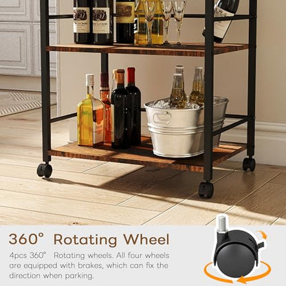 3 Tier Kitchen Cart, Rolling Bar Cart, Rustic Brown&Black | SKANDIQUIP 3 Tier Rolling Bar Cart, Mobile Kitchen Serving Cart for Tea, Coffee & Liquor with Removable Tray