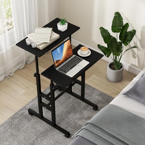 Tangkula Mobile Standing Desk, Height-Adjustable Laptop Podium Cart with Tilting Tabletop & Adjustable Angle, Rolling Stand Up Computer Desk with 2 Hanging Hooks & Lockable Casters for Home Office - color: Black