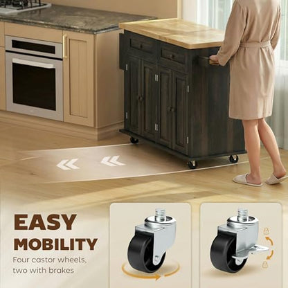 HOMCOM Kitchen Island Cart with Solid Wood Top, 44" Mobile Kitchen Island Table on Wheels with Storage Cabinets, 2 Drawers, Adjustable Shelves, Spice Rack & Towel Bar for Dining Room, Brown Oak - color: Brown Oak
