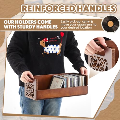 CroBlissful 2 Set Wooden Cd Holder, Stackable Cd Storage Rack with Handles, Magnetic Front-opening Design, Compact Media Organizer for Home Office & Living Room, Each Set Holds up to 36 Cases (Brown)
