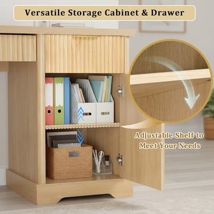 55" Modern Fluted Office Desk with Storage Cabinet & Drawers, Computer Writing Desk with Power Outlet, Pegboard, Built-in Shelves & Keyboard Tray for Study, Home Office (Light Oak) - color: Light Oak