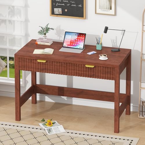 YOMILUVE Fluted Computer Desk with 2 Drawers, 39 Inch Small Computer Desk with Storage, Compact Writing Study Desk for Small Spaces, Red Walnut - color: Red Walnut