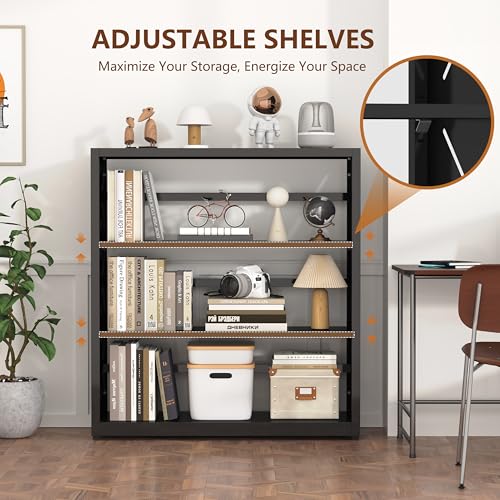 Polup Bookshelf, 3 Tier Metal Bookcase with Adjustable Shelves, 31" Wide Book Shelf, Black Display Shelves for Living Room, Home Office - color: Black, size: 3 Tier-31" W
