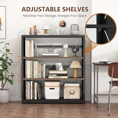 Polup Bookshelf, 3 Tier Metal Bookcase with Adjustable Shelves, 31" Wide Book Shelf, Black Display Shelves for Living Room, Home Office - color: Black, size: 3 Tier-31" W