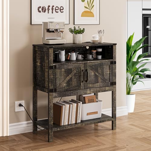 M METERXITY 31.5" W Coffee Bar Cabinet with Outlets, 2-Door Farmhouse Console Table Sofa Storage Cabinet Narrow Buffet Sideboard for Kitchen, Pantry, Entryway, Hallway (Dark Walnut Brown)