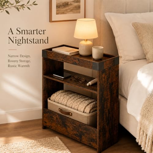 Farmhouse Narrow Side Table with Tray Top & Magazine Rack, Sofa Couch Side Table with Storage Shelf, Slim End Table for Small Spaces, Modern Nightstand for Bedroom, Living Room (Rustic Brown) - color: Rustic Brown