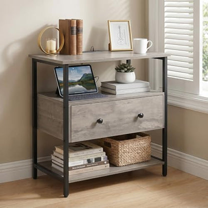 Edbuosy 27 Inch Wide Night Stand with Charging Station, Wood Nightstand with Open Shelf, Large Drawer Bedside Table for Living Room/Bedroom/Office, Rustic Gray - color: Rustic Gray, size: 27"W-1 Drawer