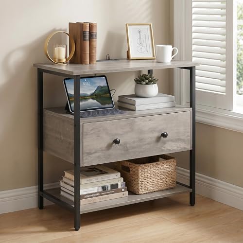 Edbuosy 27 Inch Wide Night Stand with Charging Station, Wood Nightstand with Open Shelf, Large Drawer Bedside Table for Living Room/Bedroom/Office, Rustic Gray - color: Rustic Gray, size: 27"W-1 Drawer