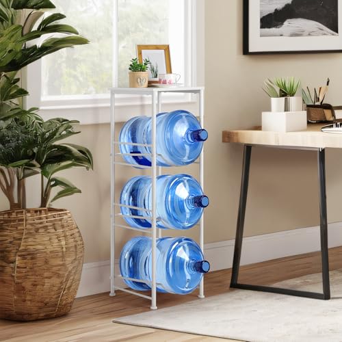 OYEAL 5 Gallon Water Bottle Jug Holder 3-Tier Water Bottle Holder Organizer with Top Shelf, Heavy Duty Water Dispenser Stand Rack for Kitchen Living Room Office, White - style: Round Tube White