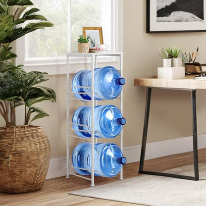 OYEAL 5 Gallon Water Bottle Jug Holder 3-Tier Water Bottle Holder Organizer with Top Shelf, Heavy Duty Water Dispenser Stand Rack for Kitchen Living Room Office, White - style: Round Tube White