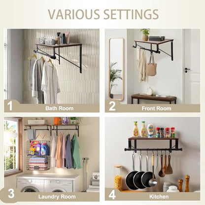 Wall Mounted Shelf with Hanging Rod, Laundry Room Shelves, Space Saving Organization for Bedroom, Bathroom, Laundry Room, Closet, Kitchen & Front Door