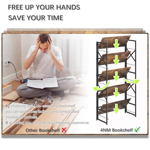 4NM 5 Tiers No Assembly Book Shelves, 51.2" H Folding Bookshelf Bookcase Open Industrial Foldable Shelves for Bedroom, Living Room, Home Office - Rustic Brown Black - color: Rustic Brown Black, size: XX 5-Tier