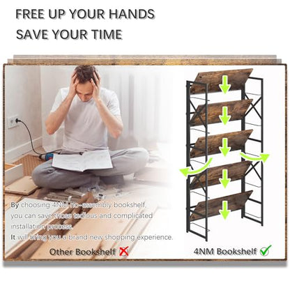 4NM 5 Tiers No Assembly Book Shelves, 51.2" H Folding Bookshelf Bookcase Open Industrial Foldable Shelves for Bedroom, Living Room, Home Office - Rustic Brown Black - color: Rustic Brown Black, size: XX 5-Tier