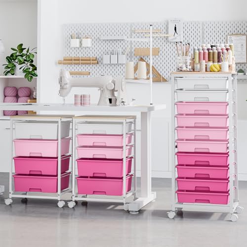 SYKIARIOL Rolling Cart with Drawers,10 Drawer Rolling Cart,Storage Cart,Utility Cart,Teacher Cart for Classroom Storage,Craft Cart with Wheels and Wooden Tabletop,Pink - color: Pink