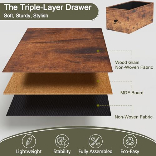LOAKEKEL Narrow Nightstand with Charging Station, End Tables Living Room Set of 2, Skinny Side Table with Fabric Drawers, Small Sofa Table with LED Light for Bedroom, Rustic Brown, HETNDP02LPBR - color: Rustic Brown, style: Power + Light