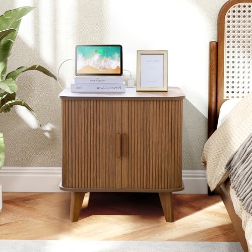 AVZEAR 24" Large Square End Table with Charging Station, Farmhouse Fluted Sofa Side Table with Sliding Tambour Door & Storage, Curved Rustic Wood Nightstand for Living Room, Bedroom, Walnut - color: Walnut