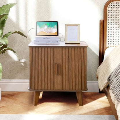 AVZEAR 24" Large Square End Table with Charging Station, Farmhouse Fluted Sofa Side Table with Sliding Tambour Door & Storage, Curved Rustic Wood Nightstand for Living Room, Bedroom, Walnut - color: Walnut