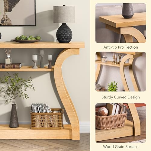 47" Wood Console Table for Entryway, Narrow Sofa Table with 3-Tier Shelves | Curved Legs Farmhouse Hallway Table, Skinny Console Table Behind Couch, Rustic Wooden Entry Table for Living Room (Natural) - color: Natural