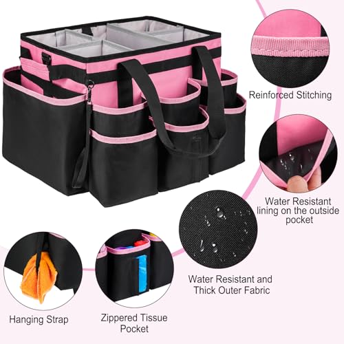 Large Rolling Cleaning Caddy Bag with Detachable Trolley,Cleaning Cart on Wheels with Shoulder Strap,Cleaning Supplies Organizer for Housekeepers,PInk - color: Pink