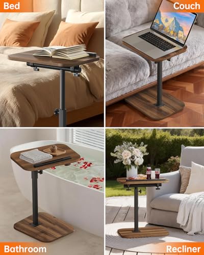 TV Tray Table with Adjustable Height & 360° Swivel Top, Walnut | End Table with Rounded Corners,Side Table for Eating, Living Room, Small Spaces